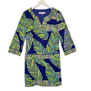 Trina Turk Tilly Print Jersey V Neck 3/4 Sleeve Shift Mod Dress Paisley Size 8